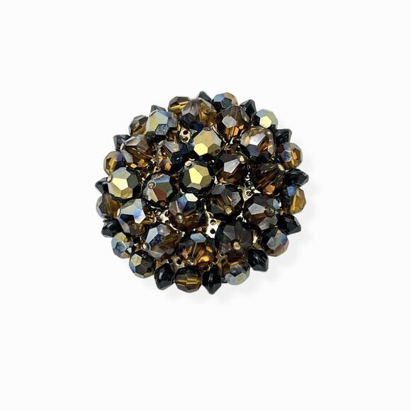 Vintage Brooch And Cluster Clip Earrings Brown AB Rhinestones Beads Gold Tone - Picture 8 of 13